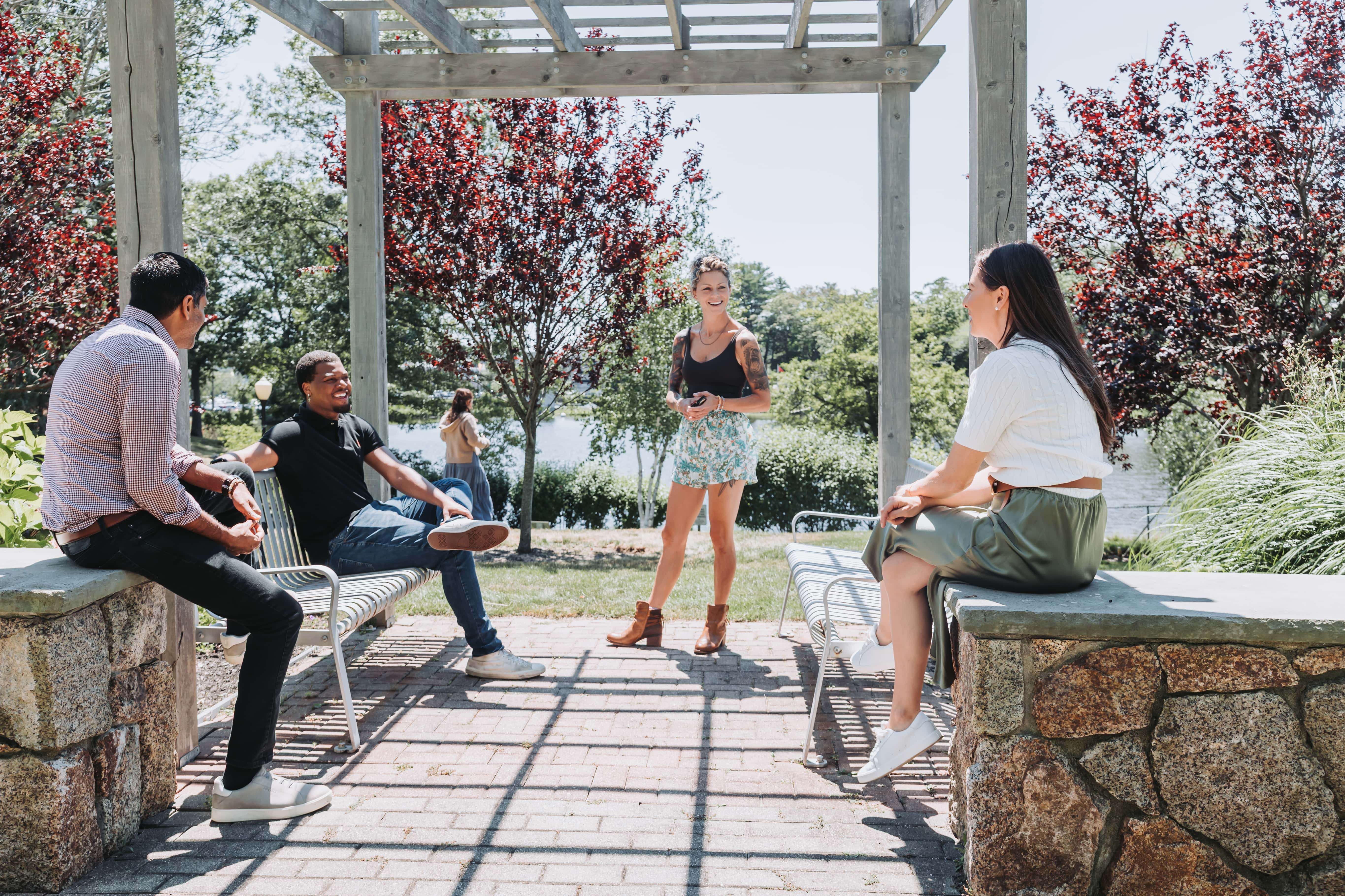 The pond and walking trail behind the building