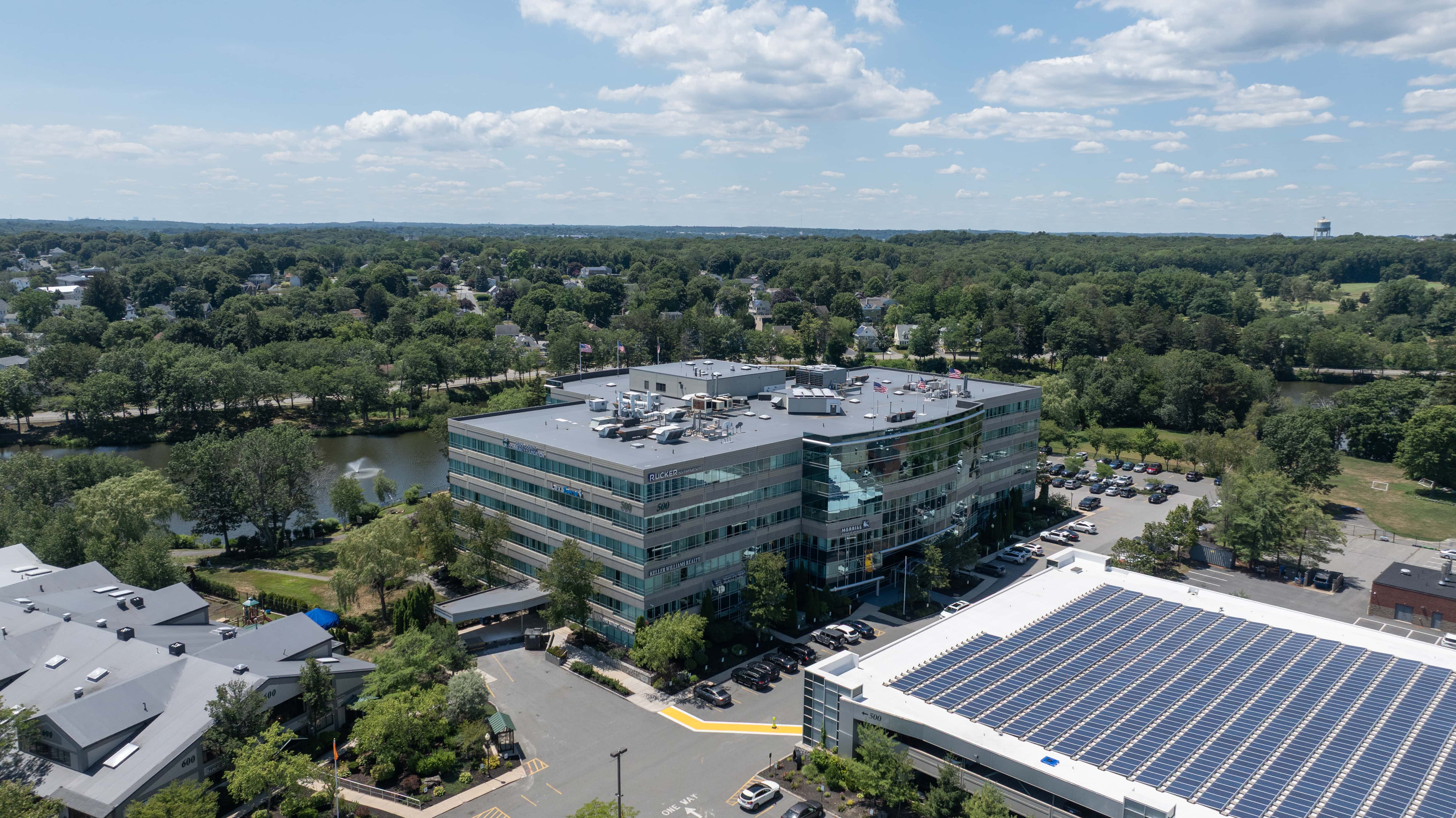 Aerial view of the Cummings Center campus at Workspace Beverly