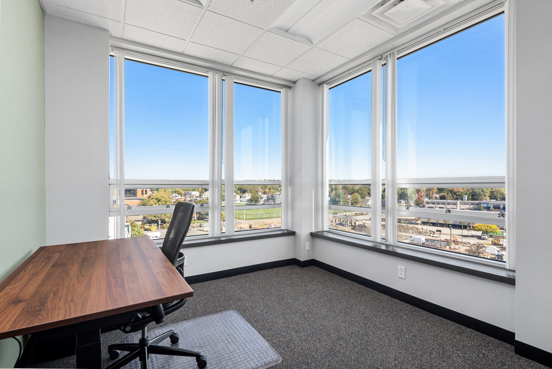 A corner office at Workspace Beverly overlooking downtown