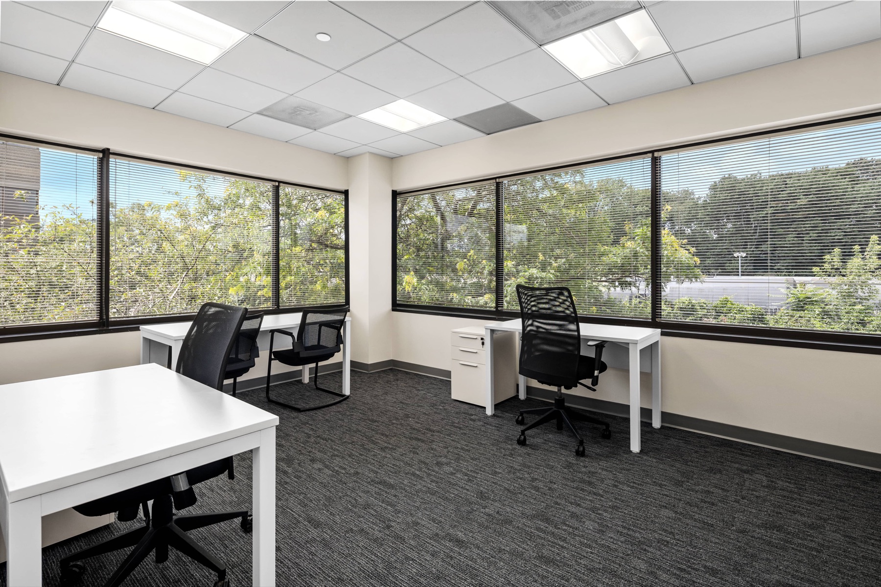 A corner office at Workspace Braintree with wraparound greenery views