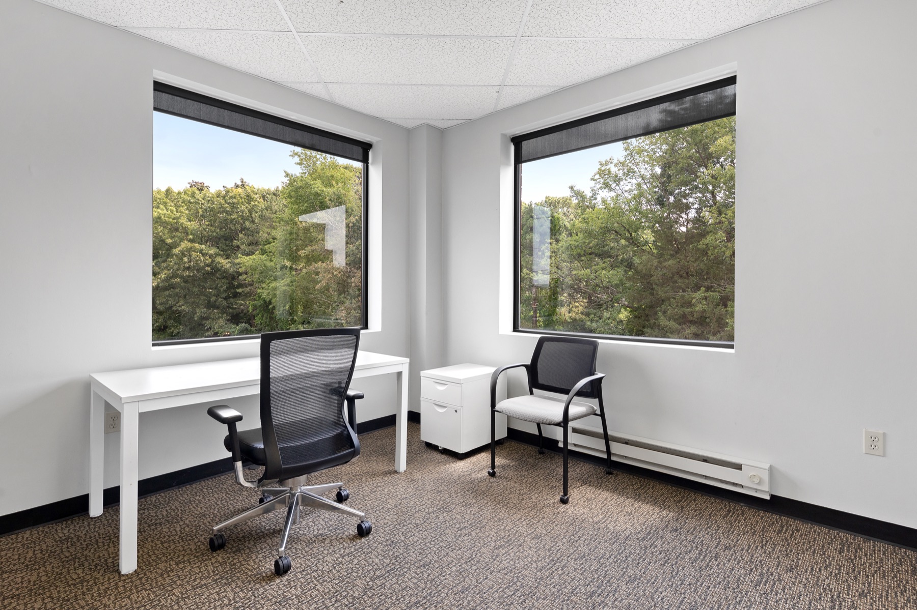 A corner office at Workspace Hingham with tree-lined views